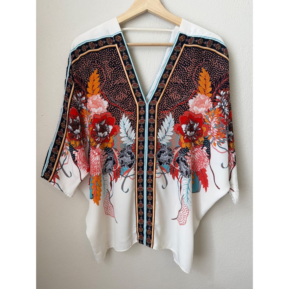 Rose + Olive Womens Medium Floral Border Print Kimono Blouse V-Neck Batwing Top